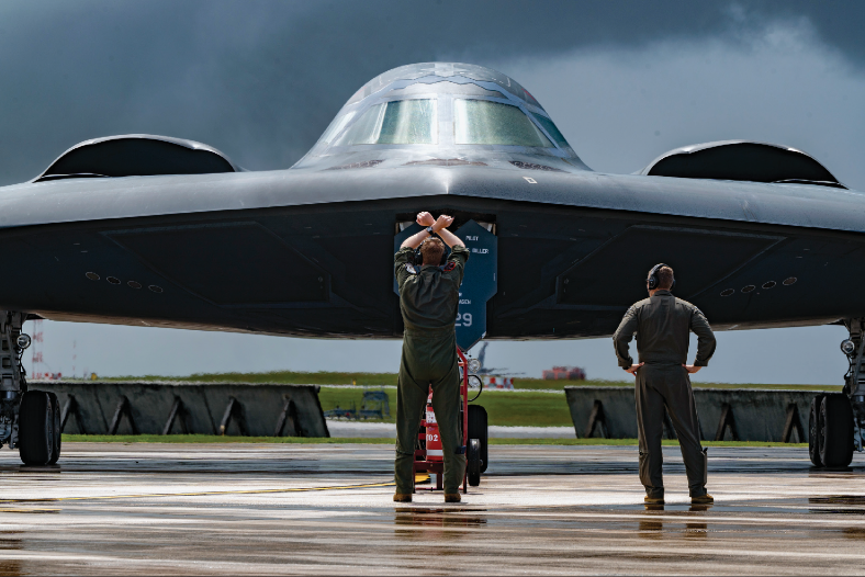 Major Stuart Shippee, B-2 Spirit pilot assigned to 13th Bomber Squadron, marshals B-2 Spirit, deployed from Whiteman Air Force Base, Missouri,at Andersen Air Force Base, Guam, in support of exercise Valiant Shield 24, June 13, 2024 (U.S. Air Force/Kristen Heller)